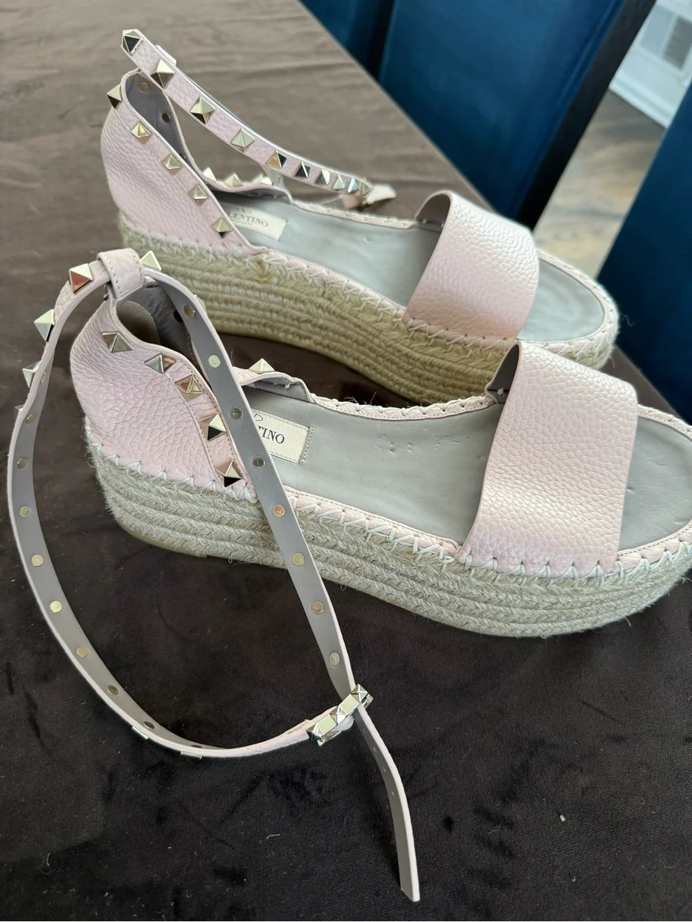 Valentino Pale Pink Studded Leather Espadrille Sandals